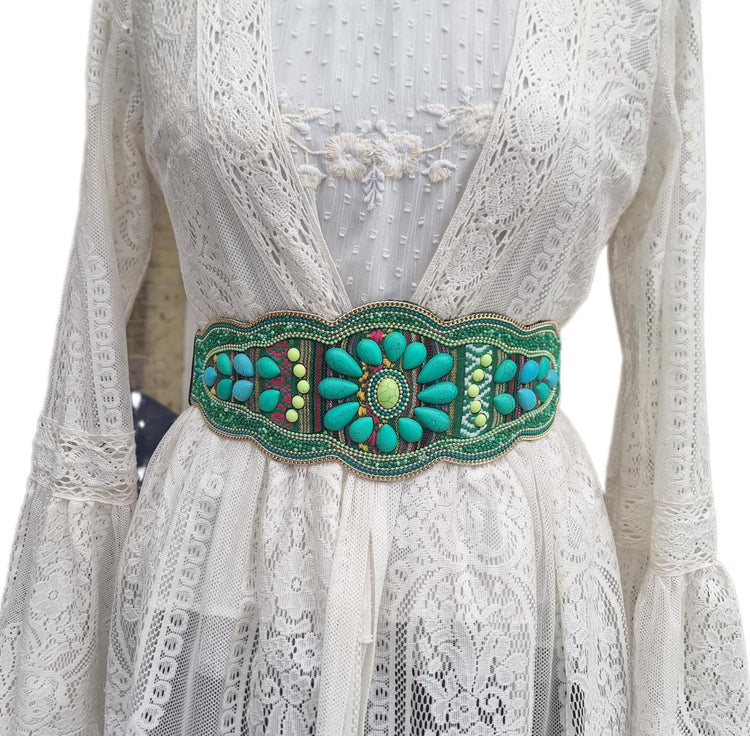 Wide Beaded Turquoise Boho Belt: Woven Aztec Kilim Elastic Waist Belt