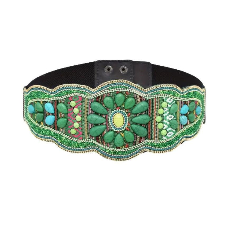 Wide Beaded Turquoise Boho Belt: Woven Aztec Kilim Elastic Waist Belt