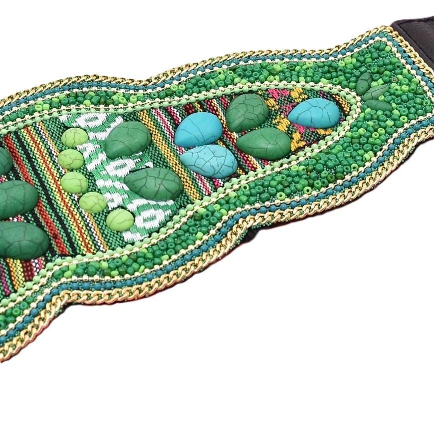 Wide Beaded Turquoise Boho Belt: Woven Aztec Kilim Elastic Waist Belt