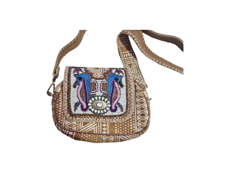 Cowhide leather crossbody bag with seahorse beading | aztec boho handbag | gift for travellers & divers