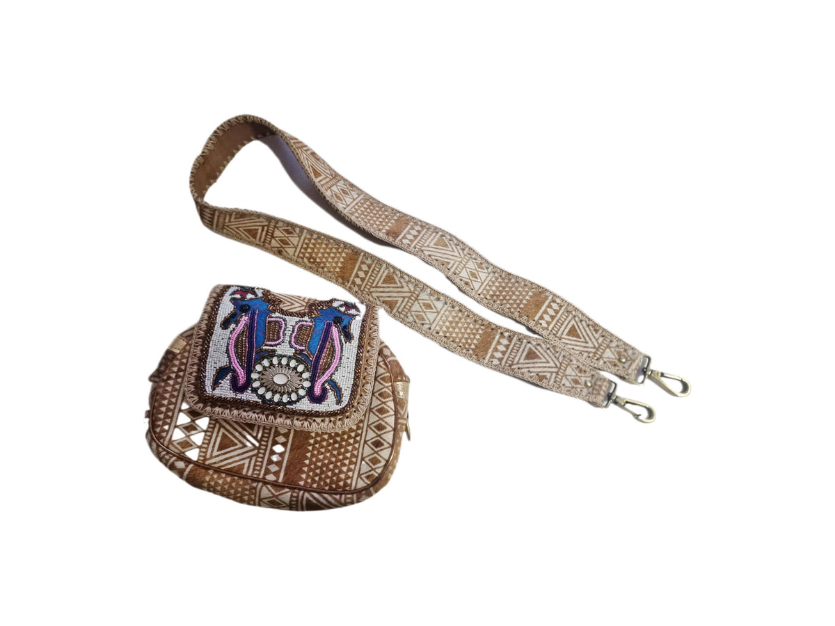 Cowhide leather crossbody bag with seahorse beading | aztec boho handbag | gift for travellers & divers
