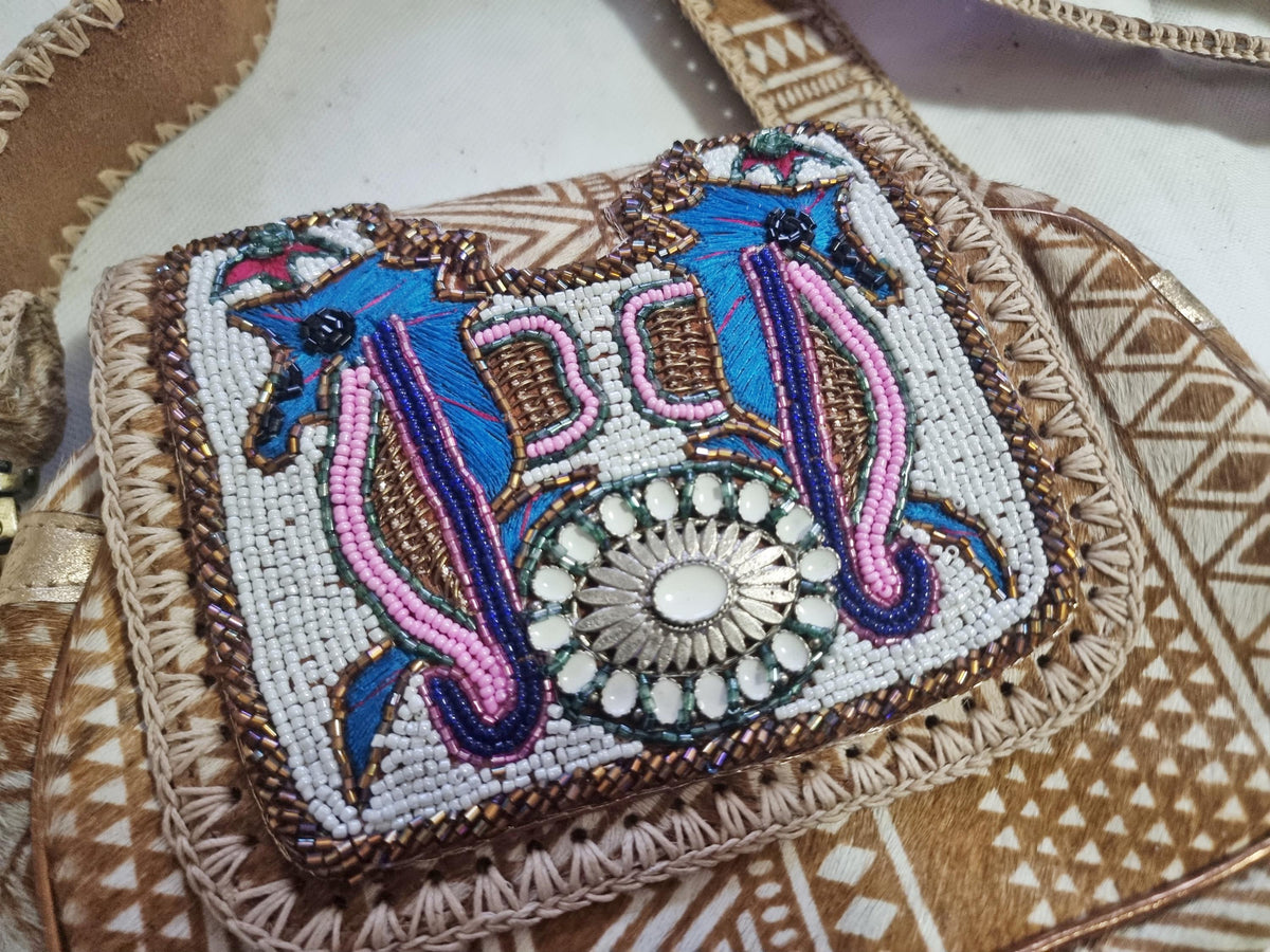 Cowhide leather crossbody bag with seahorse beading | aztec boho handbag | gift for travellers & divers