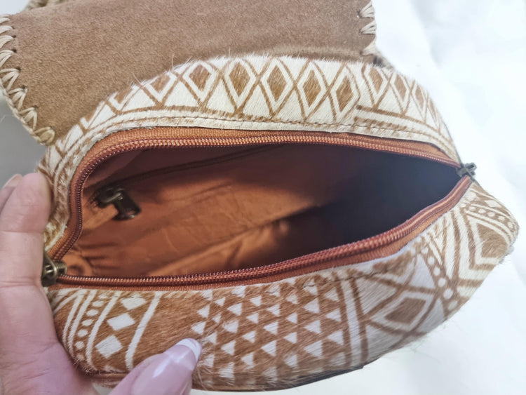 Cowhide leather crossbody bag with seahorse beading | aztec boho handbag | gift for travellers & divers
