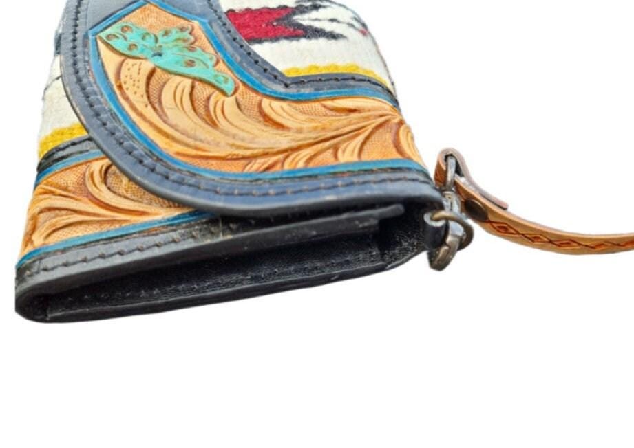 Floral Tooled Buffalo Leather Clutch, Aztec Western Mini Purse with Detachable Strap, Handmade Boho Leather Evening Bag
