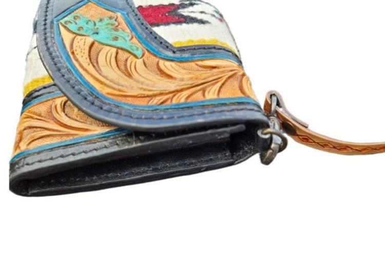 Floral Tooled Buffalo Leather Clutch, Aztec Western Mini Purse with Detachable Strap, Handmade Boho Leather Evening Bag