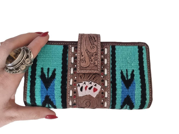 Leather Poker Wallet for Women, Four Aces Western Bifold Purse, Hand Tooled Floral Buffalo Leather, Aztec Boho Cowgirl Gift