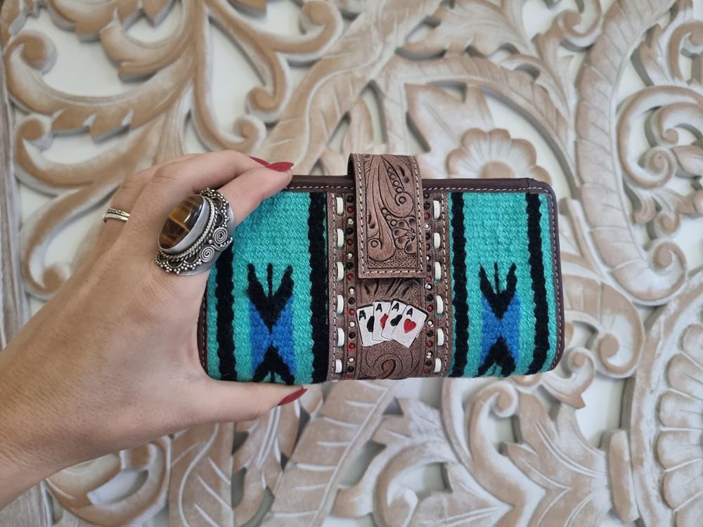 Leather Poker Wallet for Women, Four Aces Western Bifold Purse, Hand Tooled Floral Buffalo Leather, Aztec Boho Cowgirl Gift