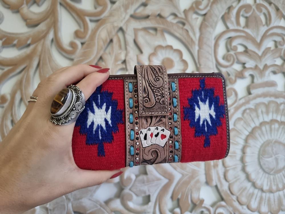 Leather Poker Wallet for Women, Four Aces Western Bifold Purse, Hand Tooled Floral Buffalo Leather, Aztec Boho Cowgirl Gift