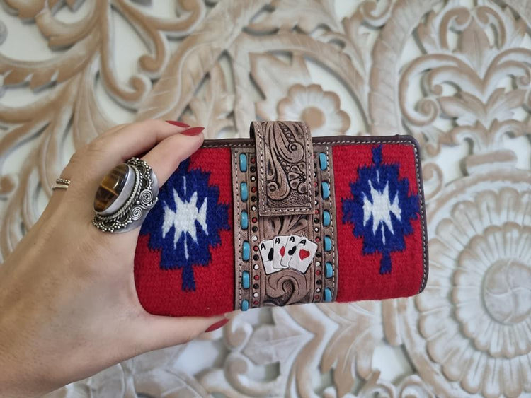 Leather Poker Wallet for Women, Four Aces Western Bifold Purse, Hand Tooled Floral Buffalo Leather, Aztec Boho Cowgirl Gift