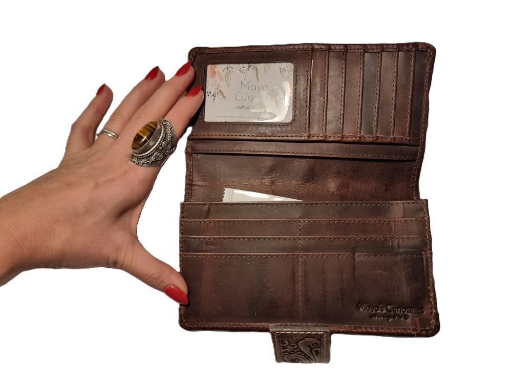 Leather Poker Wallet for Women, Four Aces Western Bifold Purse, Hand Tooled Floral Buffalo Leather, Aztec Boho Cowgirl Gift