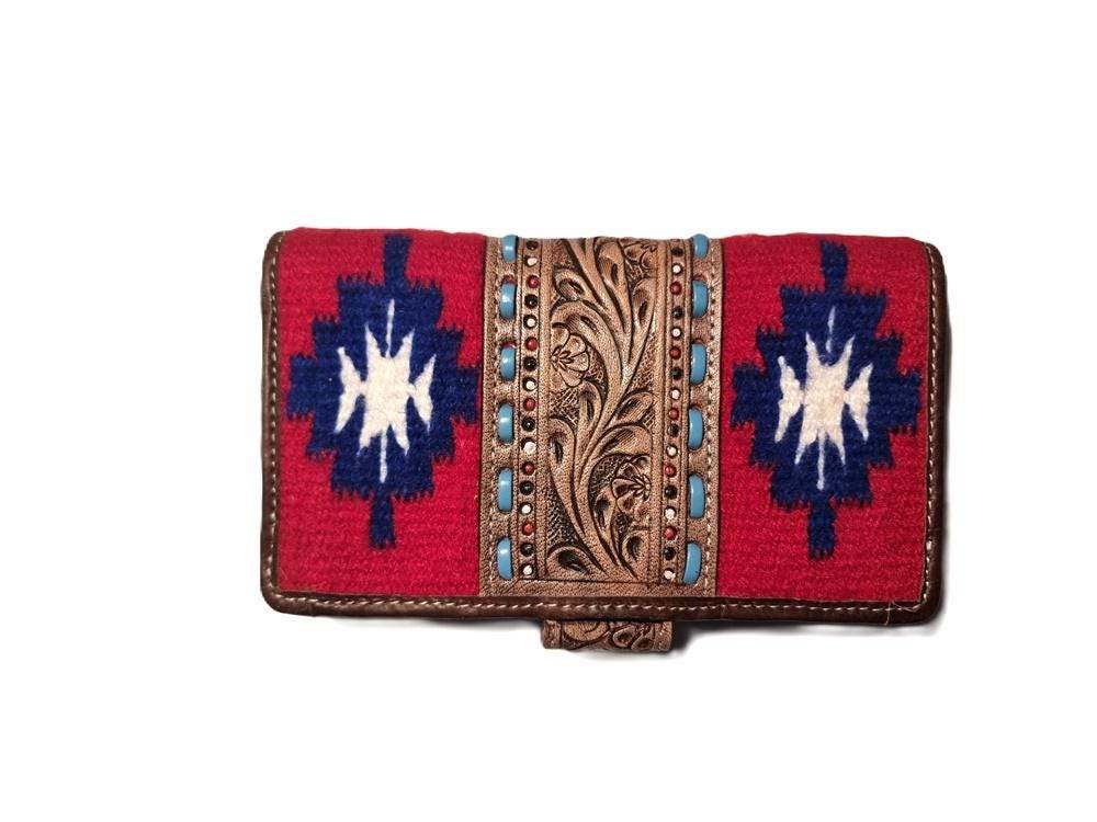 Leather Poker Wallet for Women, Four Aces Western Bifold Purse, Hand Tooled Floral Buffalo Leather, Aztec Boho Cowgirl Gift