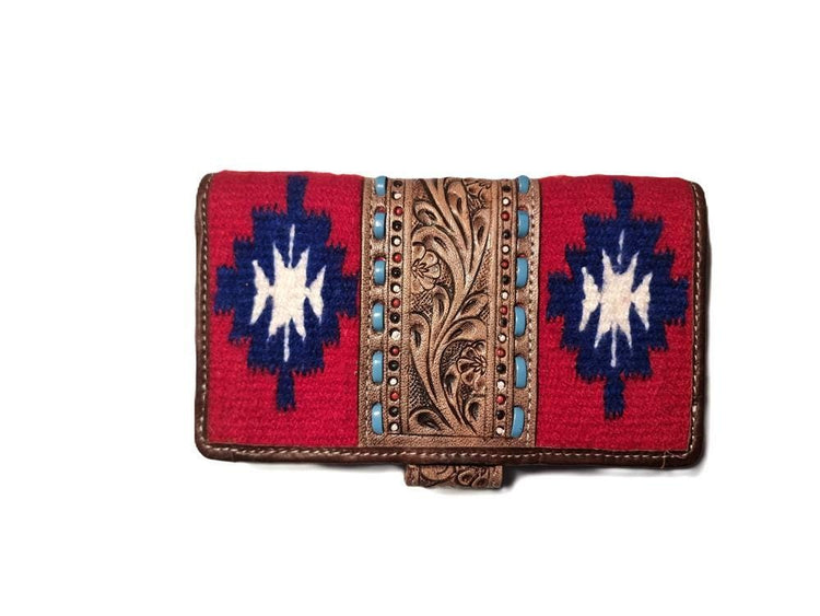 Leather Poker Wallet for Women, Four Aces Western Bifold Purse, Hand Tooled Floral Buffalo Leather, Aztec Boho Cowgirl Gift