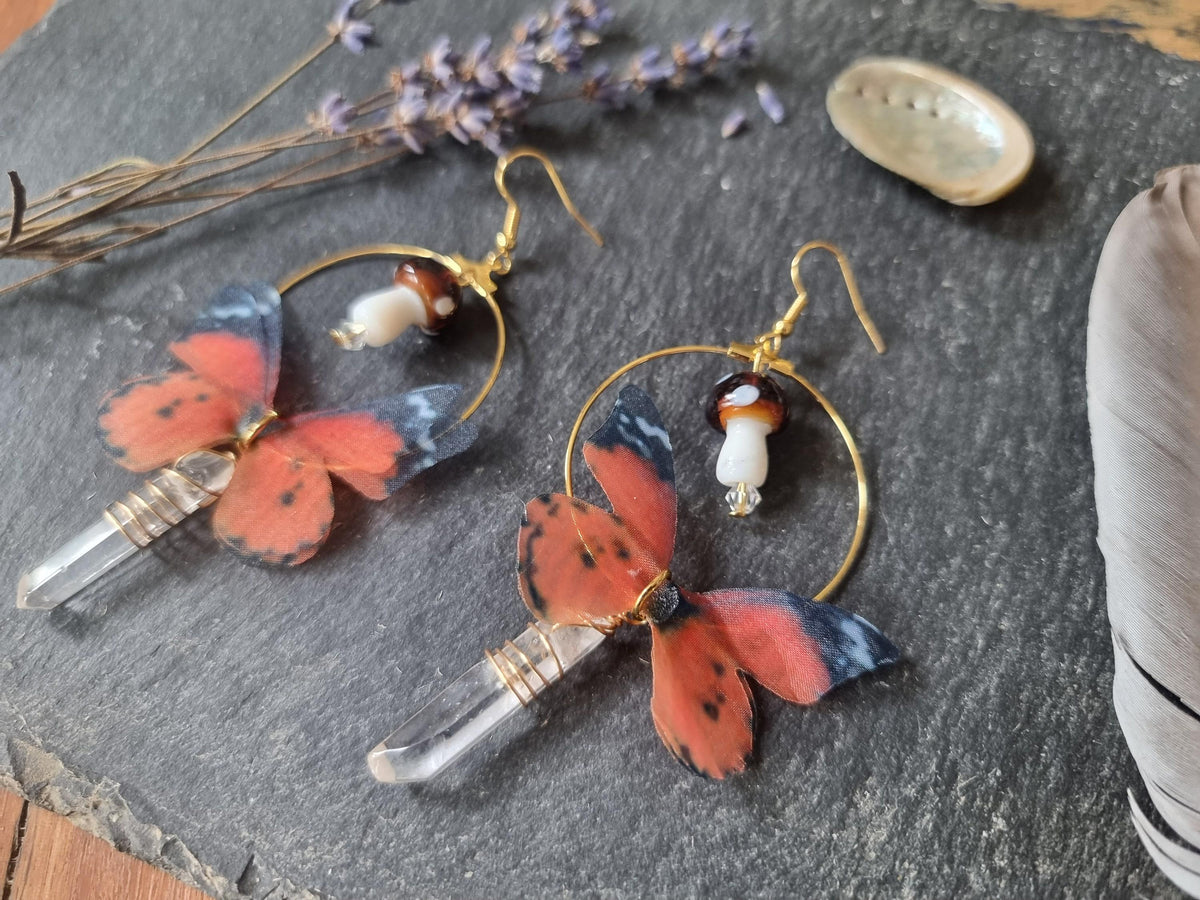 Boho Butterfly Wing Earrings: Fly Agaric Mushroom & Raw Quartz
