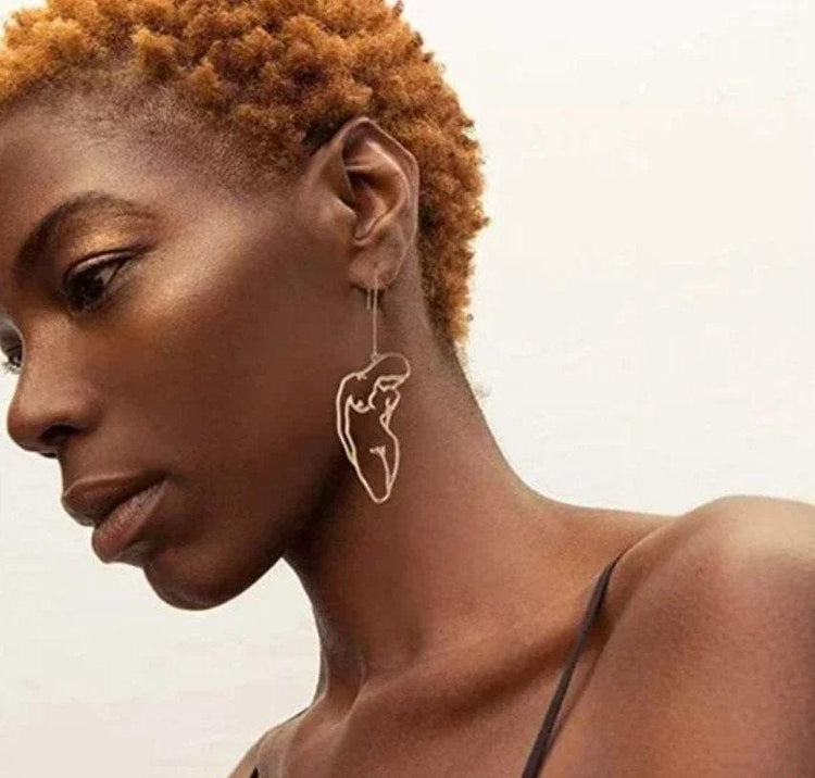 Abstract Nude Female Form Earrings – Gold Minimalist Silhouette Drop Earrings, LGBTQ+ Pride Jewelry, Quirky Statement Earrings, Lesbian Gift