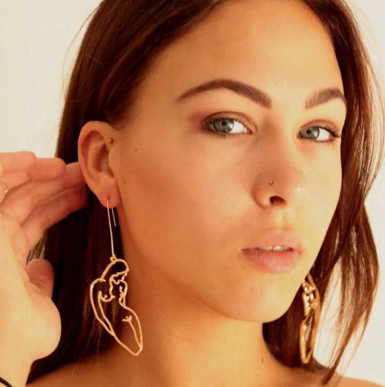 Abstract Nude Female Form Earrings – Gold Minimalist Silhouette Drop Earrings, LGBTQ+ Pride Jewelry, Quirky Statement Earrings, Lesbian Gift