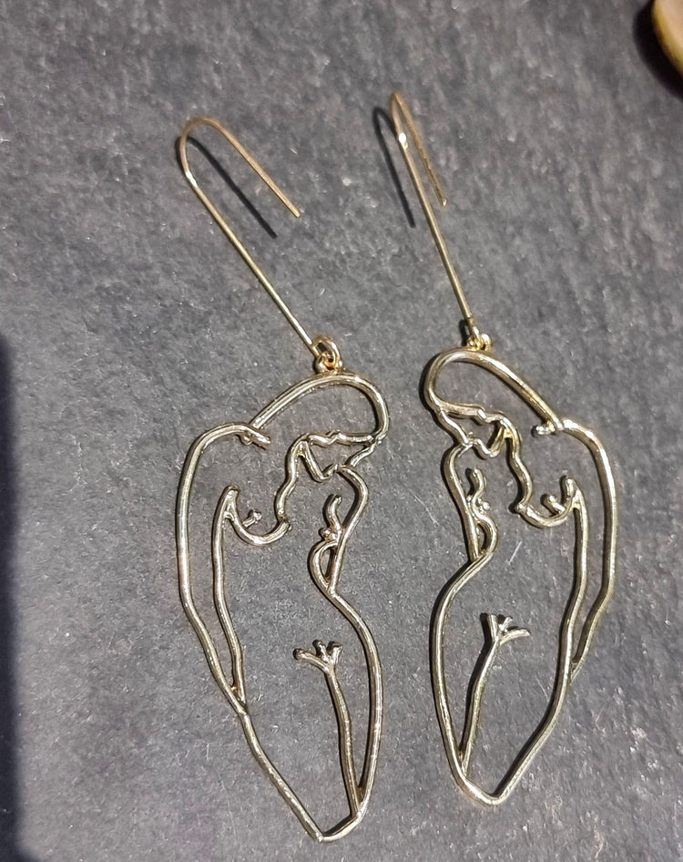 Abstract Nude Female Form Earrings – Gold Minimalist Silhouette Drop Earrings, LGBTQ+ Pride Jewelry, Quirky Statement Earrings, Lesbian Gift