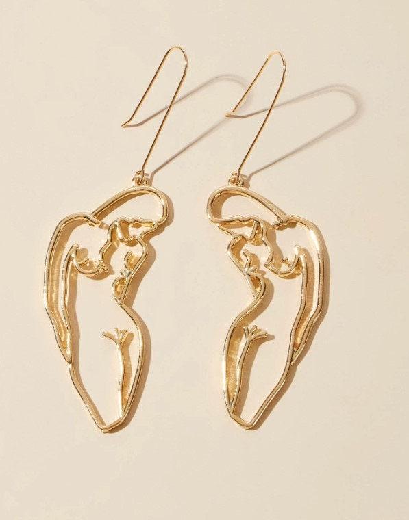Abstract Nude Female Form Earrings – Gold Minimalist Silhouette Drop Earrings, LGBTQ+ Pride Jewelry, Quirky Statement Earrings, Lesbian Gift