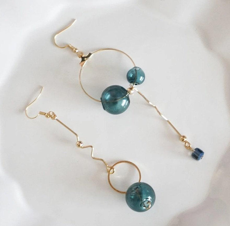 Mismatched Glass Drop Earrings – Blue & Green Hand Blown Statement Earrings, Quirky Asymmetric Gold Dangle Jewelry, Gift for Her