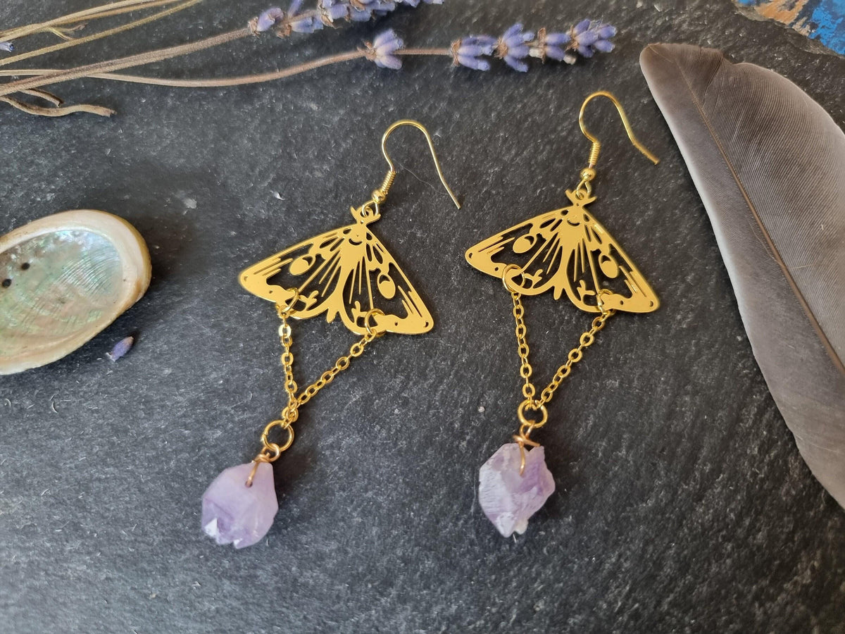 Gold Moth Amethyst Earrings – Raw Crystal Dangle Statement Earrings, Boho Witchy Jewelry, Celestial Hippie Earrings, Gift for Her