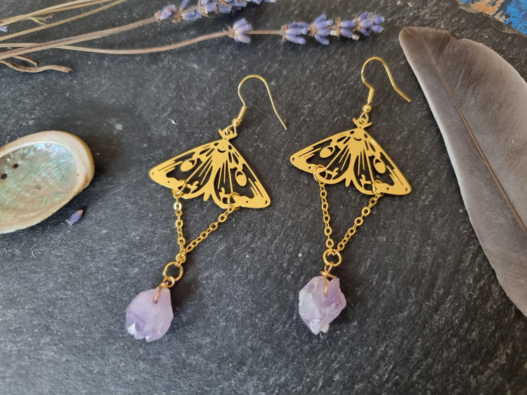Gold Moth Amethyst Earrings – Raw Crystal Dangle Statement Earrings, Boho Witchy Jewelry, Celestial Hippie Earrings, Gift for Her