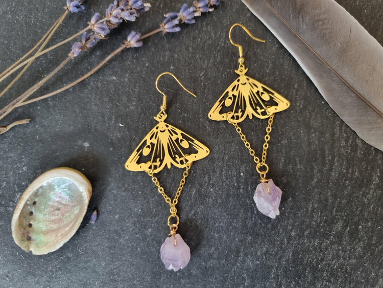 Gold Moth Amethyst Earrings – Raw Crystal Dangle Statement Earrings, Boho Witchy Jewelry, Celestial Hippie Earrings, Gift for Her