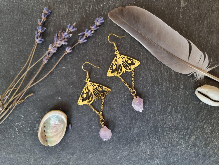 Gold Moth Amethyst Earrings – Raw Crystal Dangle Statement Earrings, Boho Witchy Jewelry, Celestial Hippie Earrings, Gift for Her
