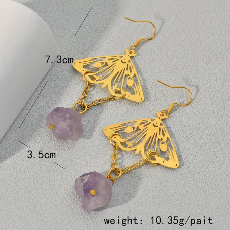 Gold Moth Amethyst Earrings – Raw Crystal Dangle Statement Earrings, Boho Witchy Jewelry, Celestial Hippie Earrings, Gift for Her
