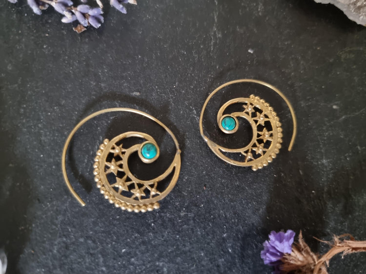 Brass Spiral Drop Earrings: Turquoise Stone, Hammered Gold, Boho Tribal Jewelry