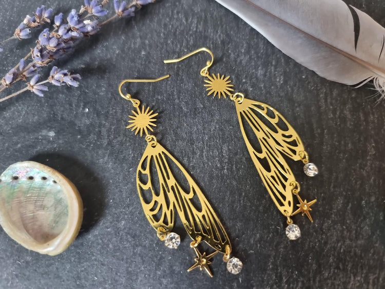 Fairy Angel Wing Earrings: Gold Boho Statement Jewelry