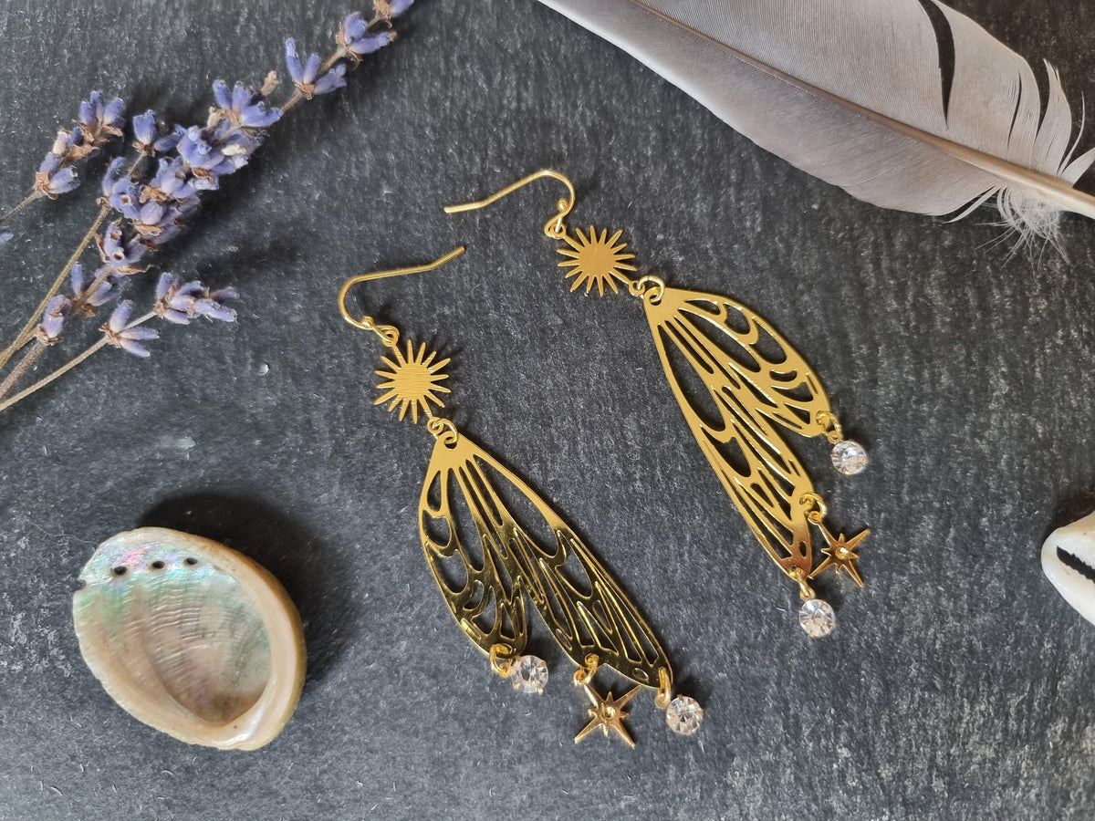 Fairy Angel Wing Earrings: Gold Boho Statement Jewelry