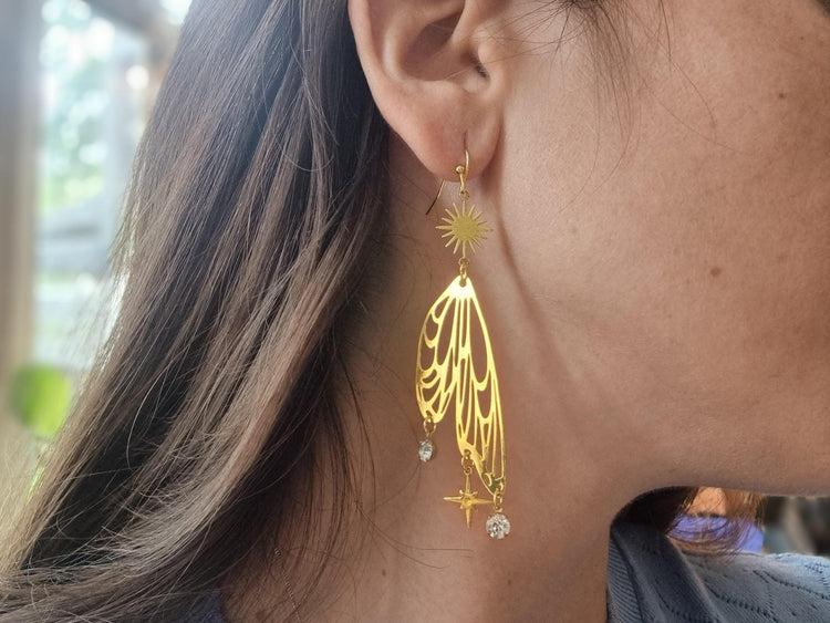 Fairy Angel Wing Earrings: Gold Boho Statement Jewelry