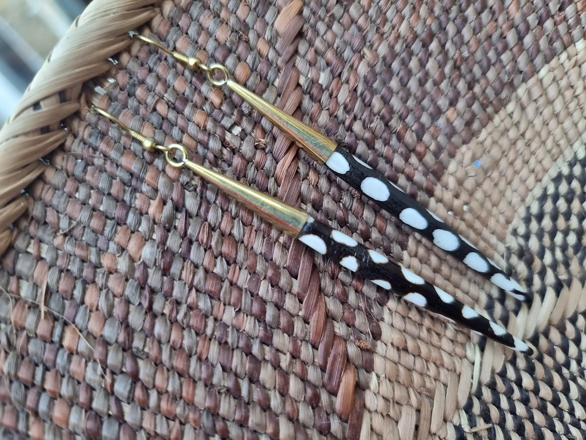 Ivory Bone Drop Earrings: African Brass Spikes, Boho Tribal Jewelry