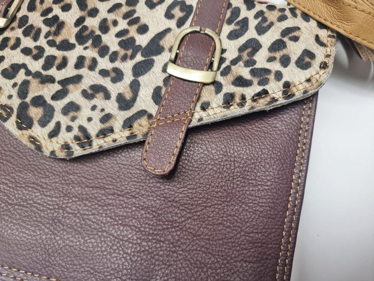 Leopard Cowhide Leather Crossbody Bag: Vintage Satchel, iPad Laptop Messenger