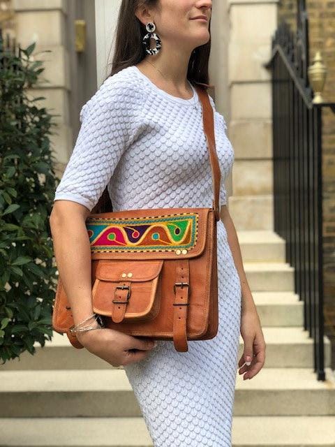 Embroidered Leather Messenger Bag: Bohemian Laptop Bag with Shoulder Strap