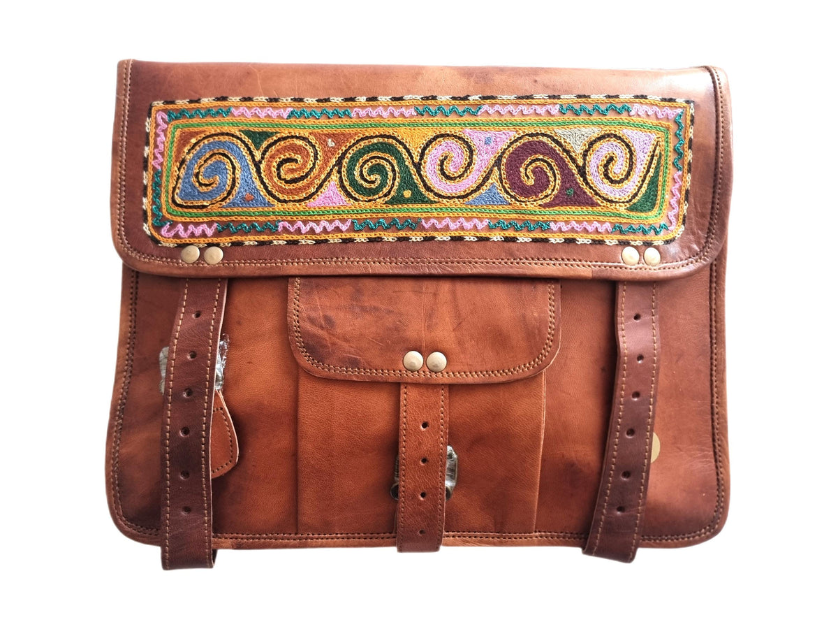 Embroidered Leather Messenger Bag: Bohemian Laptop Bag with Shoulder Strap