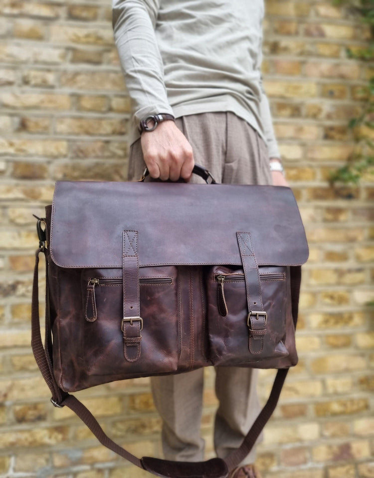 Large Buffalo Leather Messenger Bag – Vintage Men's Briefcase & Laptop Work Bag
