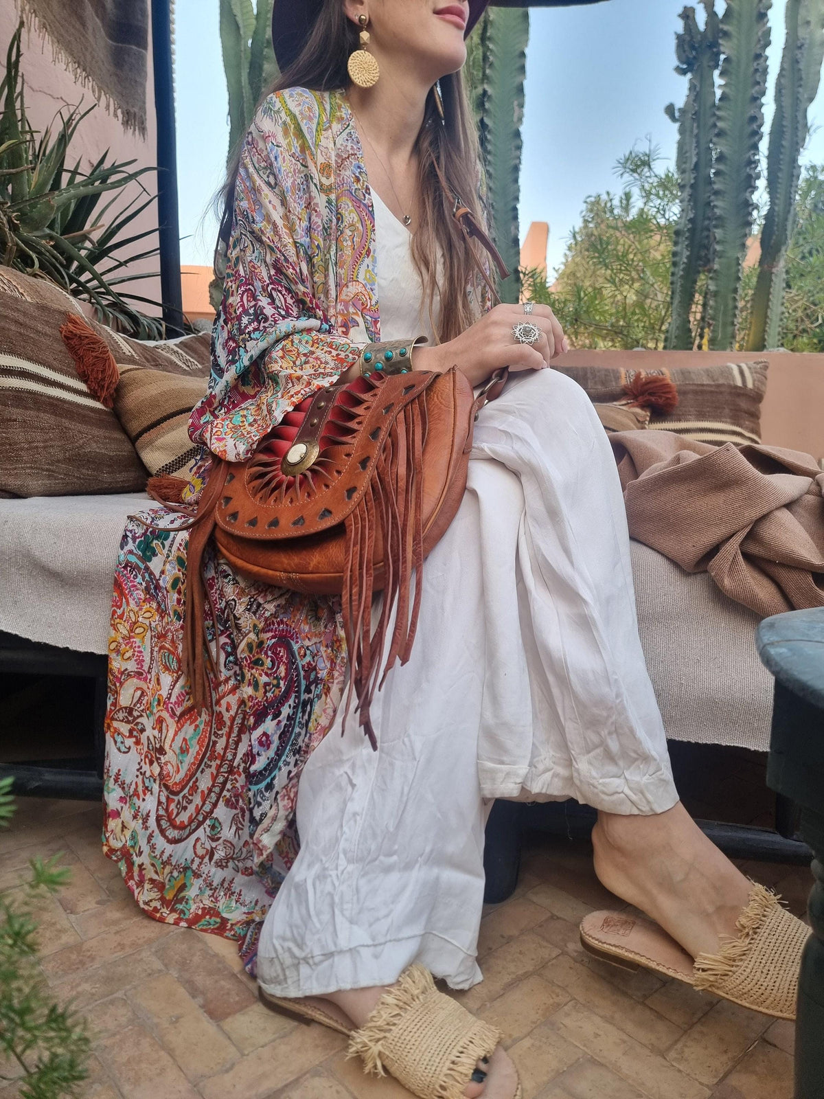 Unique women leather crossbody bag with fringe and hearts - tooled leather purse medium size