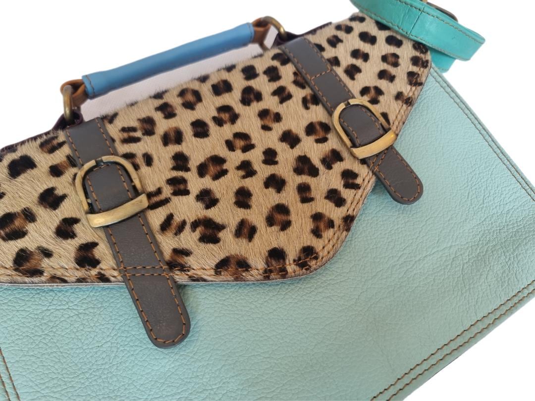 Leopard Cowhide Crossbody Bag: Turquoise Leather Messenger, Boho Style
