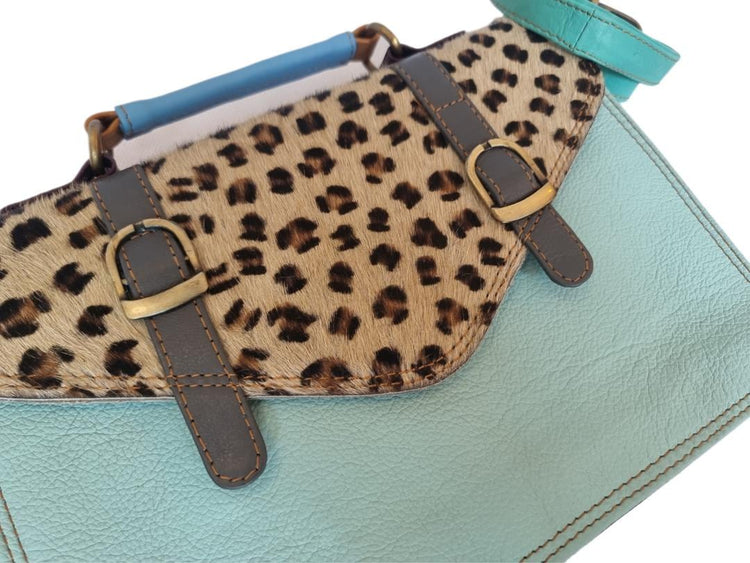 Leopard Cowhide Crossbody Bag: Turquoise Leather Messenger, Boho Style