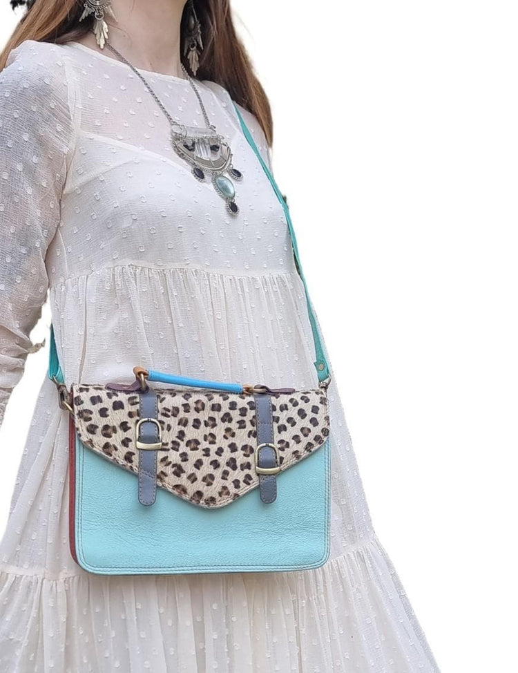 Leopard Cowhide Crossbody Bag: Turquoise Leather Messenger, Boho Style