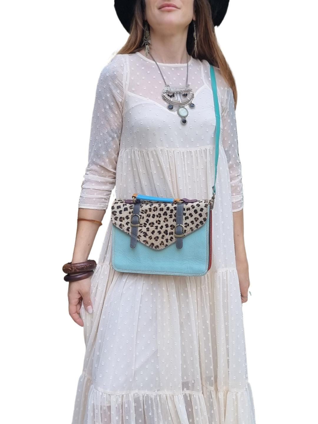 Leopard Cowhide Crossbody Bag: Turquoise Leather Messenger, Boho Style