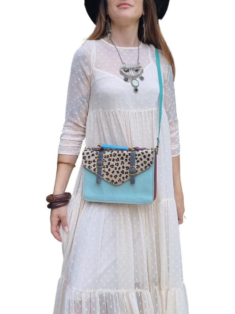 Leopard Cowhide Crossbody Bag: Turquoise Leather Messenger, Boho Style