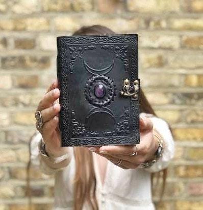 Handcrafted Leather Journal with Lock: Triple Moon Stone Notebook