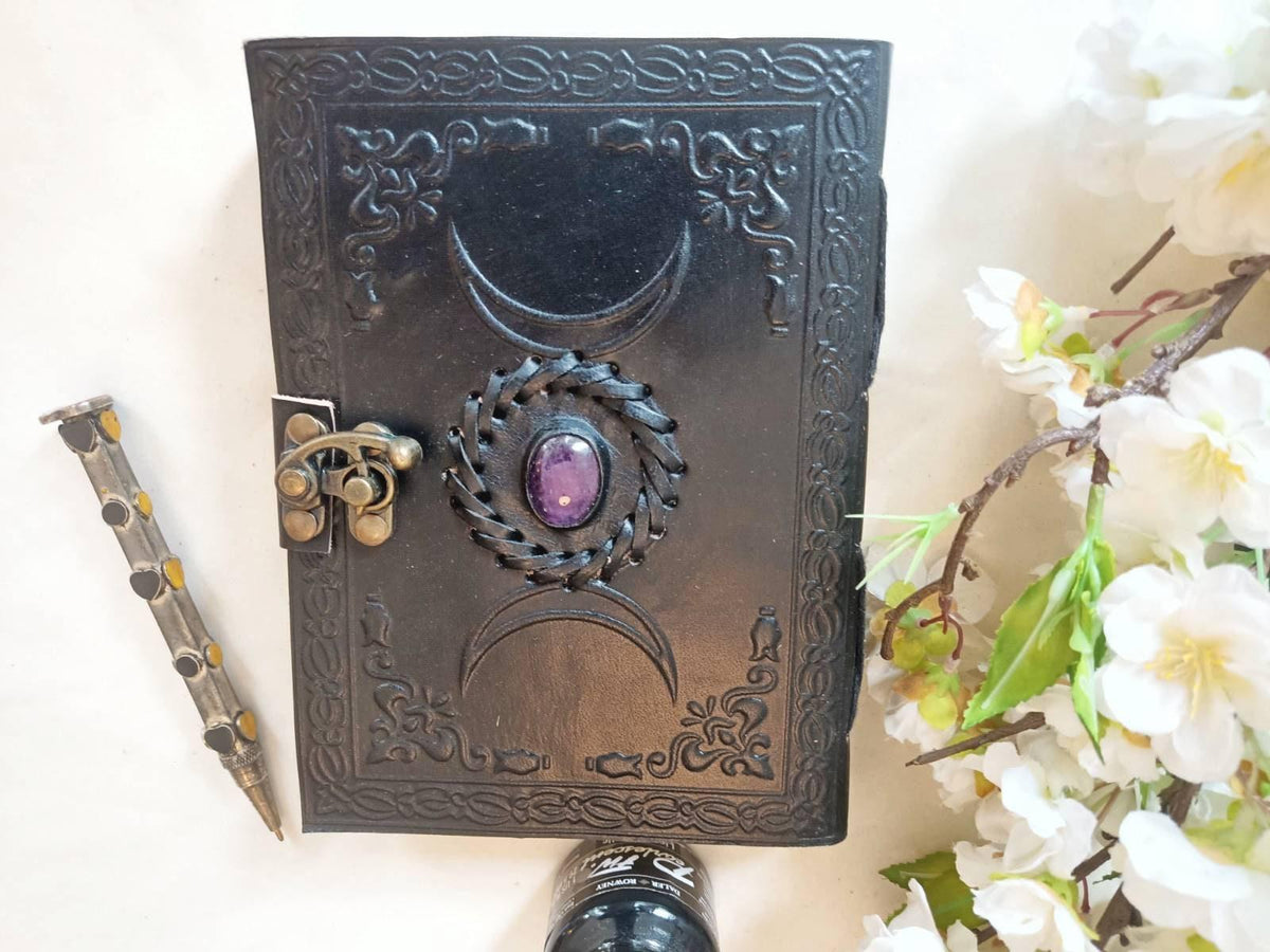 Handcrafted Leather Journal with Lock: Triple Moon Stone Notebook