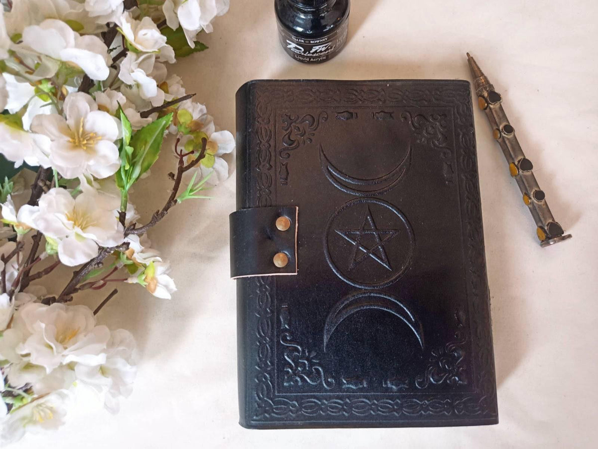 Handcrafted Leather Journal with Lock: Triple Moon Stone Notebook