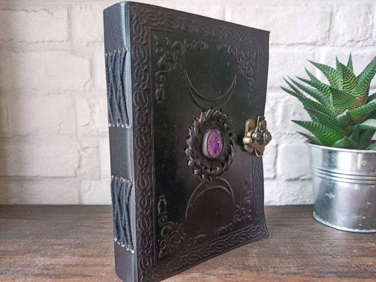 Handcrafted Leather Journal with Lock: Triple Moon Stone Notebook
