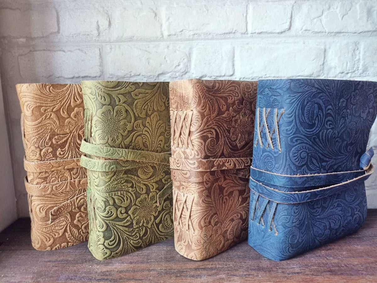 Floral Engraved Leather Journal: Art Nouveau Flower Diary, Deckle Edge Paper