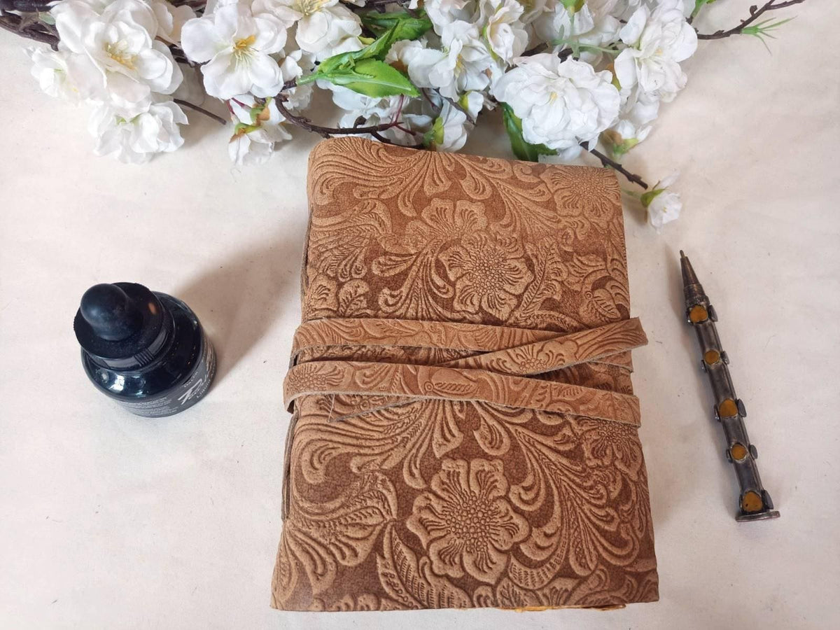 Floral Engraved Leather Journal: Art Nouveau Flower Diary, Deckle Edge Paper