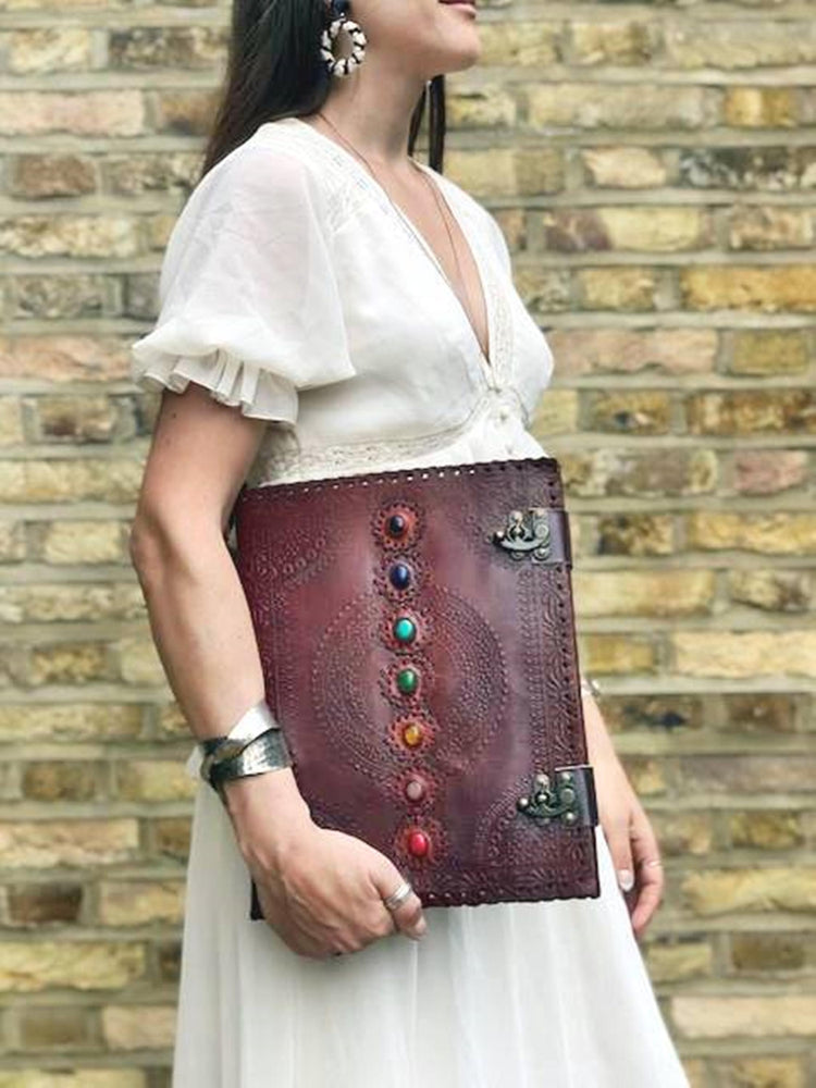 Large Leather Journal: 7 Chakra Stones, Handmade Embossed Notebook