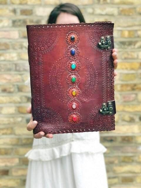 Large Leather Journal: 7 Chakra Stones, Handmade Embossed Notebook